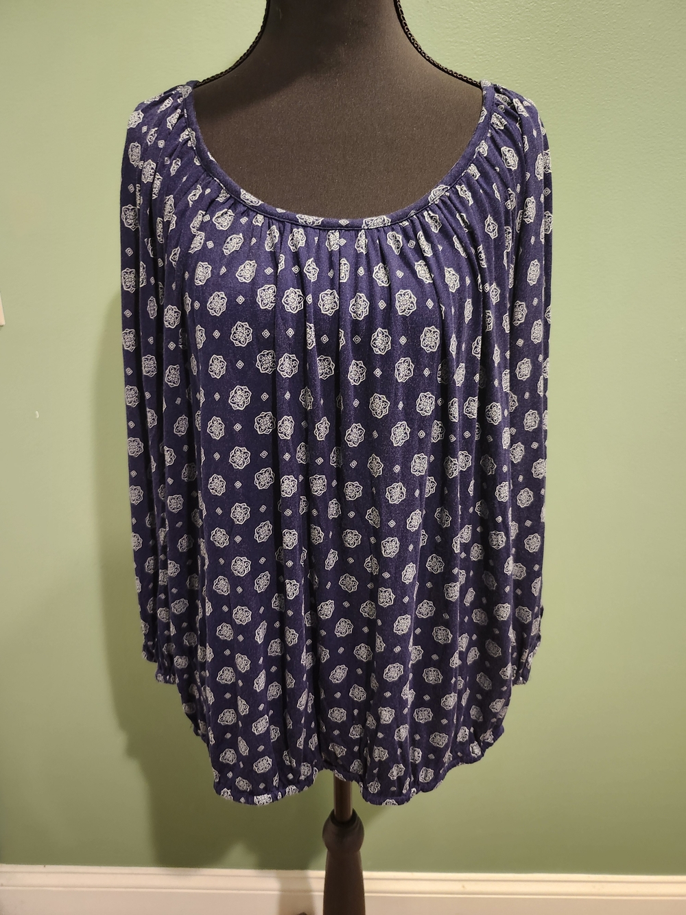 MICHAEL Michael Kors Navy Blue Scoop Neck Long Sleeve Floral Top